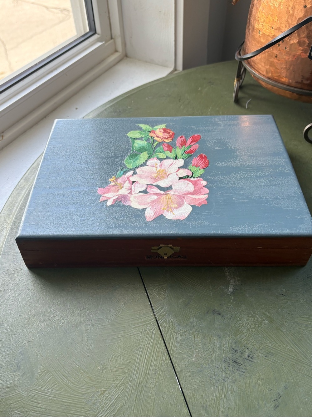 Floral Decorative Storage Box - Blue with Pink Flowers